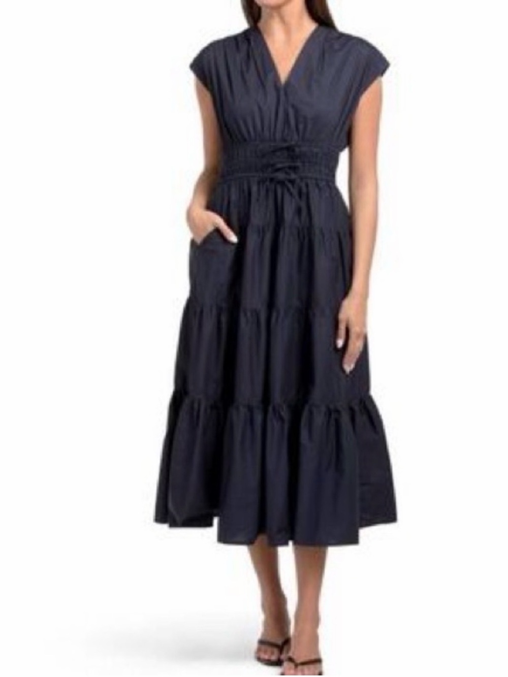 Nicole Miller Black Cotton Tiered V-Neck Dress